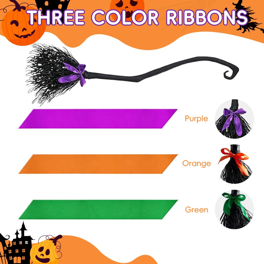 PATPAT Halloween Witch Broom with Purple Ribbons Decor 55'' Witch Broom Halloween Home Decro Props Kids Cosplay Prop Magic Witch Broom Prop for Halloween Party, Cosplay, Birthday Party
