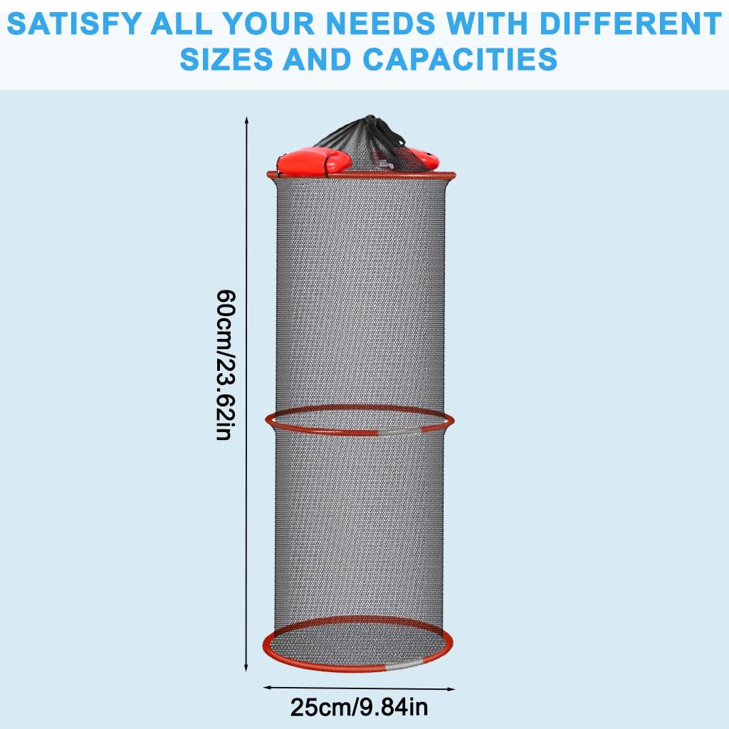 Proberos Floating Fish Basket for Kayak Fishing with Buoyancy Collars 25x60cm Nylon Mesh