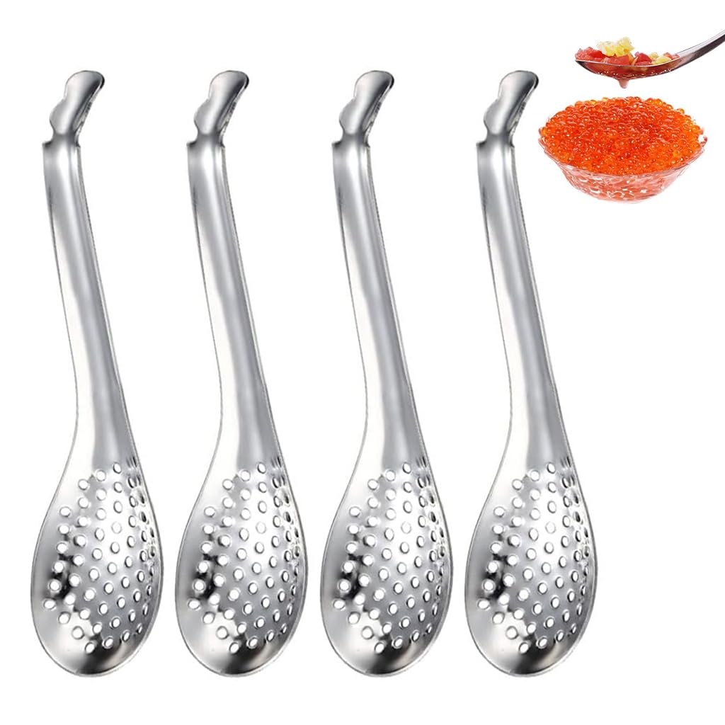 Supvox® 4Pcs Spherification Spoon, Stainless Steel Caviar Spoon Perforated Slotted Spoon Kitchen Cutlery Set (Silver)