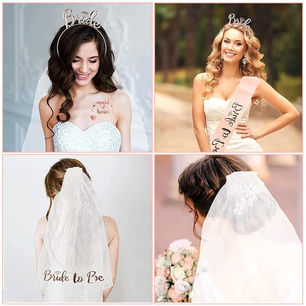 PATPAT® 12PCS Bride To Be Decoration Set Rose Gold Bachelorette Party Hen Combo Bridal Shower Kit Accessories Sash Veil Headband Stickers