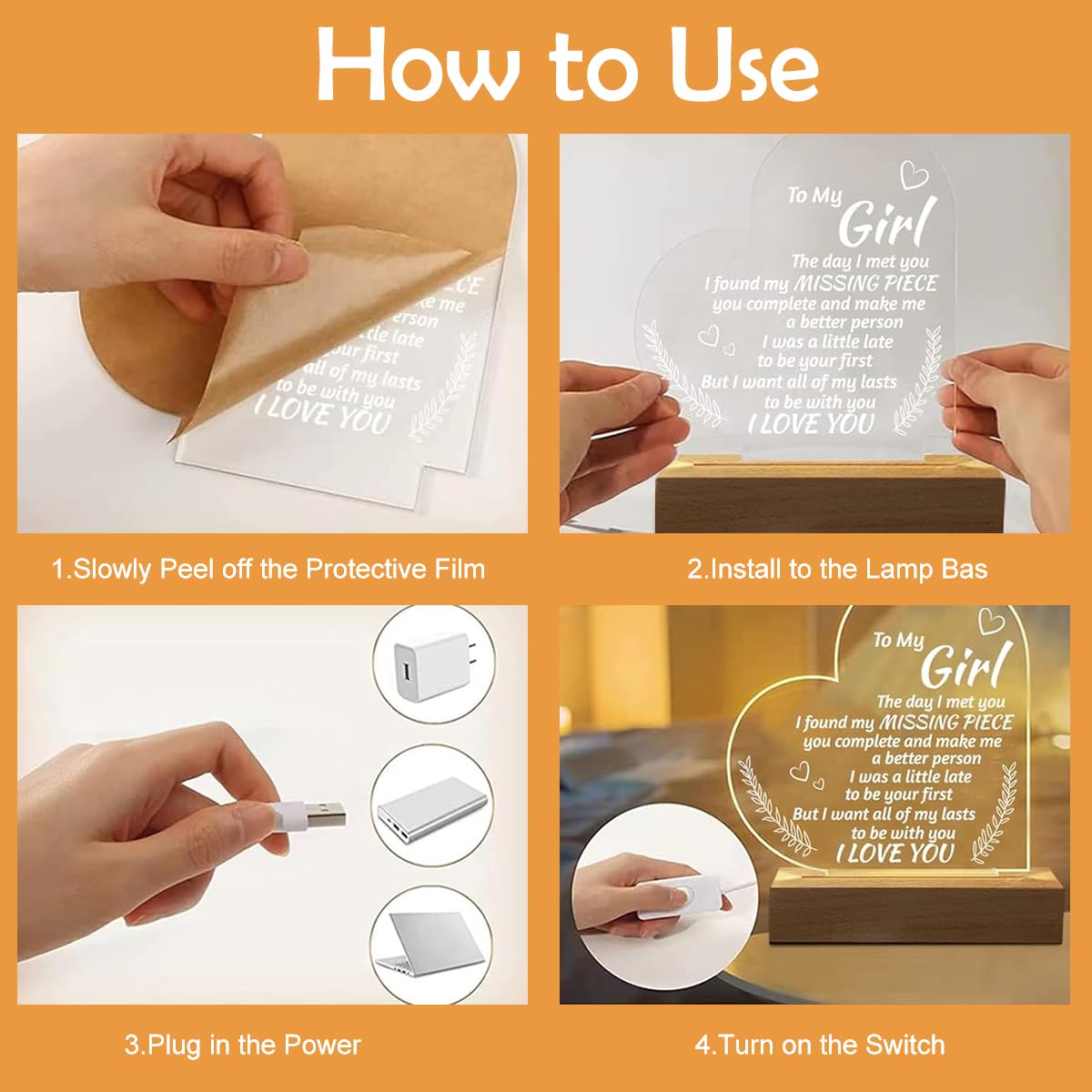 HASTHIP Romantic Gifts for Girlfriend with Engraved Acrylic Night Light and Wooden Base | USB Warm Light for Anniversary or Valentines Day