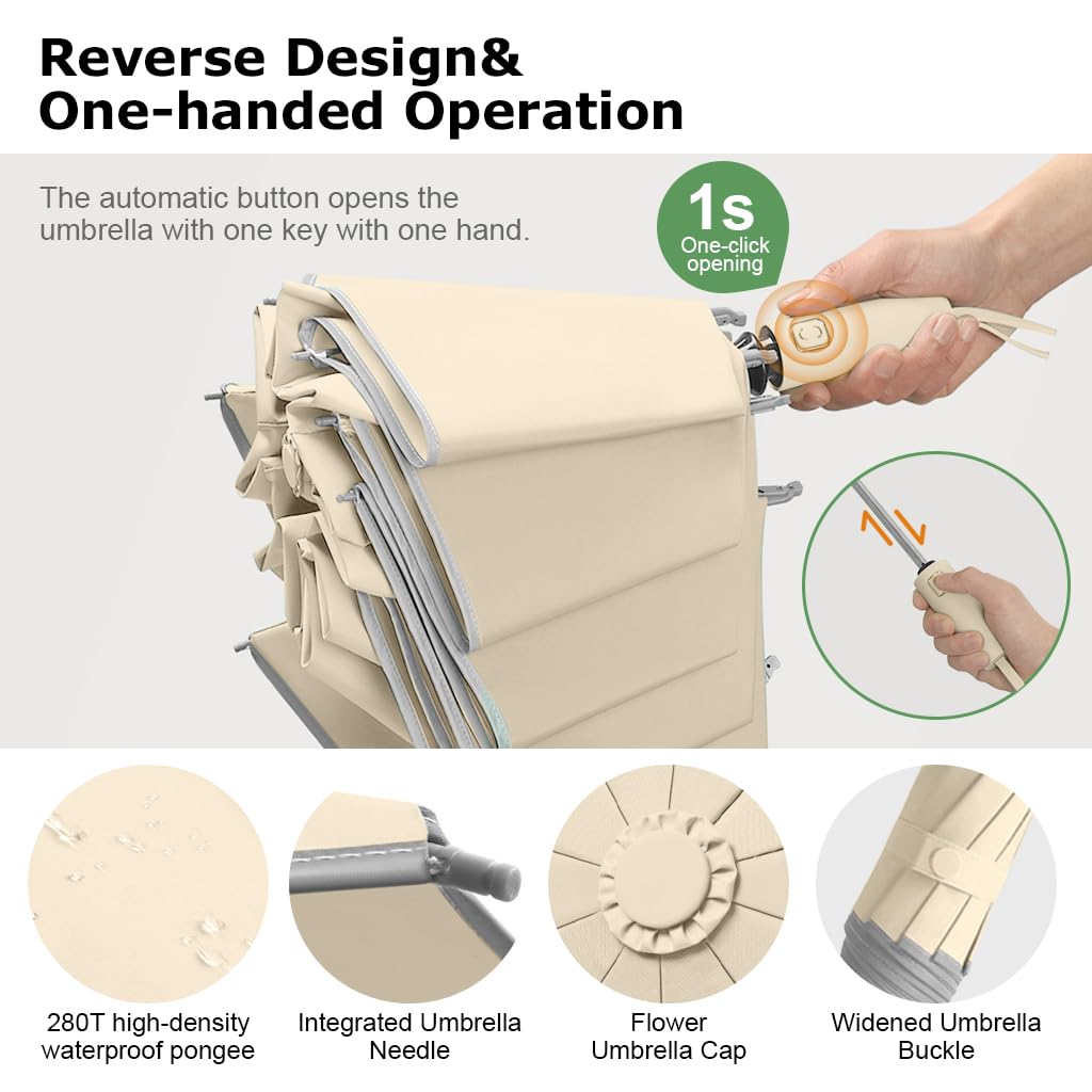 PALAY Umbrella for Rain with 10 Dual Ribs and Auto Open Close | Compact Travel Khaki 2PCS