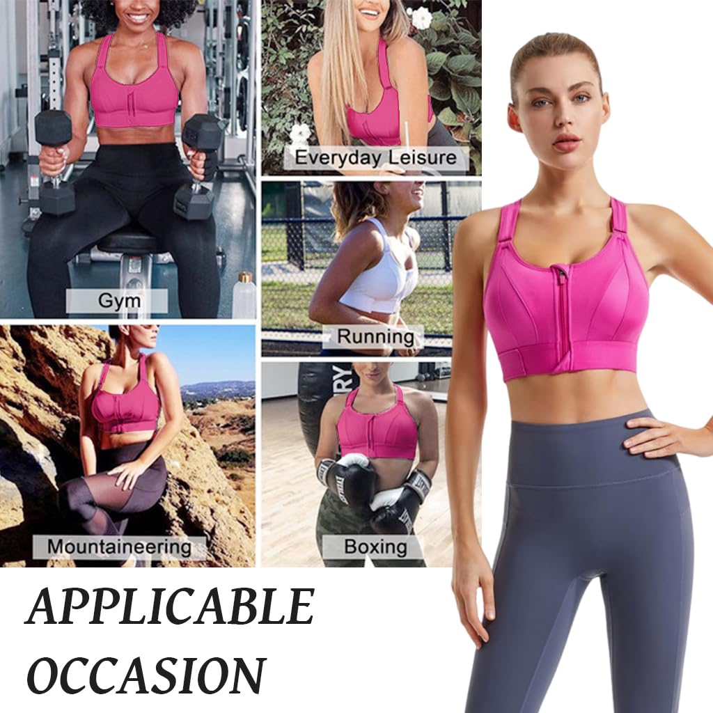 PALAY Sports Bra for Women with Front Zip Racerback Support and Pink Polyester Fabric