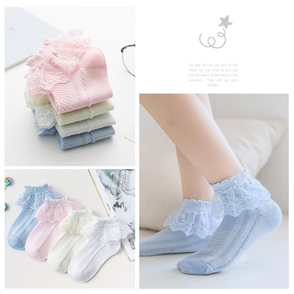 SNOWIE SOFT® 4Pcs Baby Socks 4-Color Baby Girls Sock Lovely Ruffle Lace Cuff Socks Summer Breathable Cotton Socks for 0-3 Years Old Baby Girls Newborn Shower Gift for Baby Girls