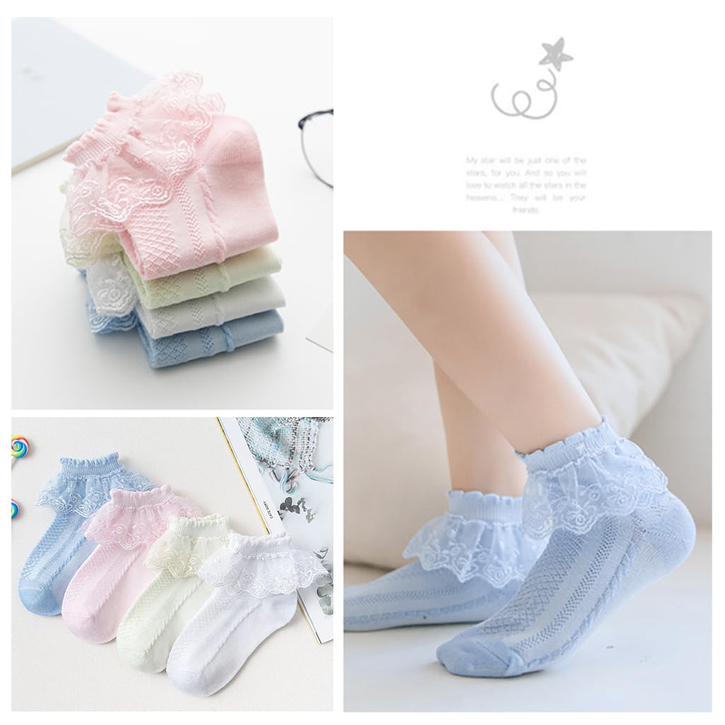 SNOWIE SOFT Baby Socks 4 Pairs with Ruffle Lace Cuffs in 4 Colors for 0–3 Year Old Girls | Breathable Cotton Summer Gift Set