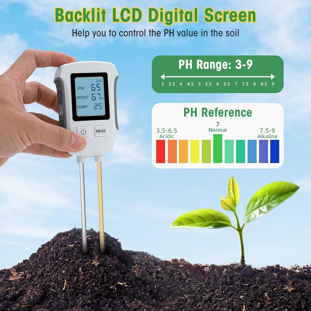 HASTHIP Soil Meter for Fertility Moisture pH Temp and Sunlight with Dual Probes | LCD Display