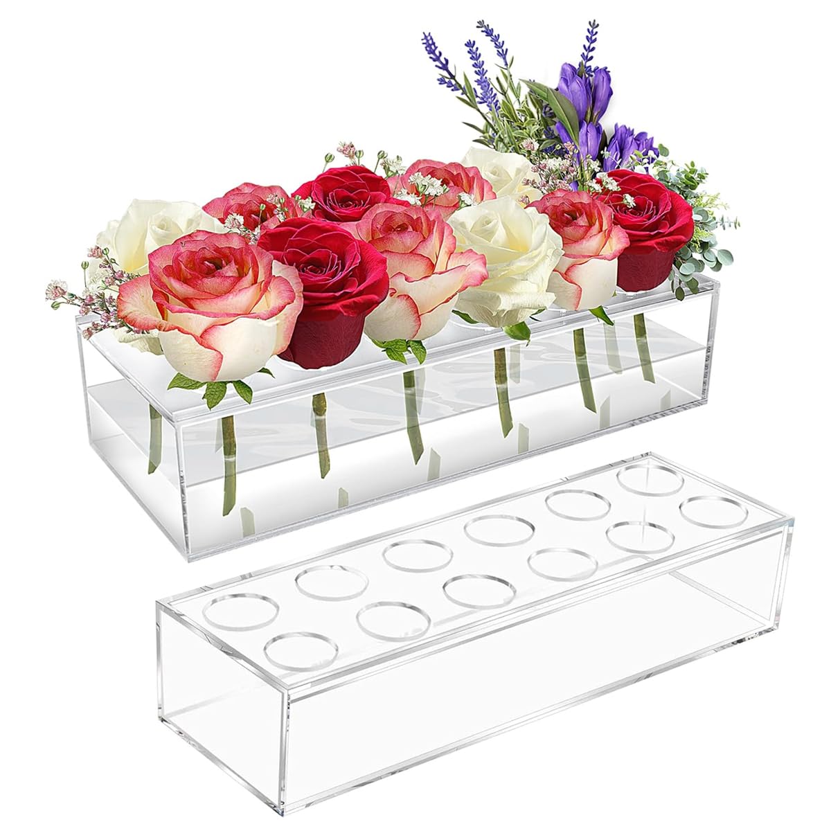 HASTHIP® Acrylic Flower Vase Rectangular, 11.8''/30cm Long Clear Floral Vase with Holes for Flowers, Clear Rectangle Box Tray for Roses Modern Flower Arranger for Wedding Home Dining Table Decor