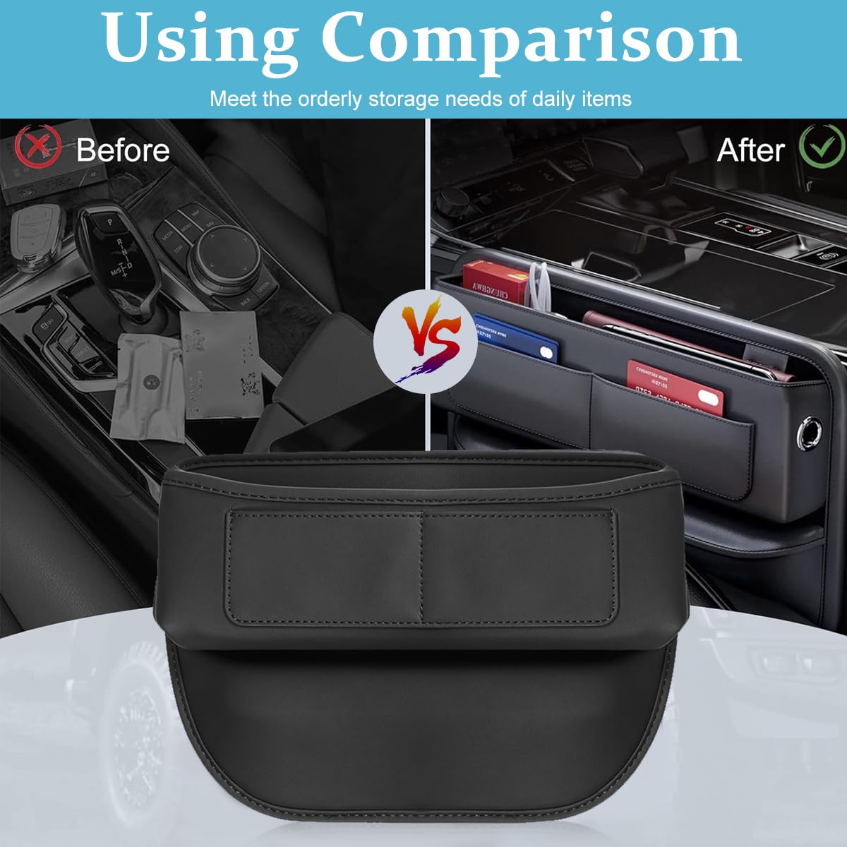 STHIRA Car Organizer Seat Pocket for Console Storage with PU Leather Black 2PCS | Fits Phones Keys and Glasses