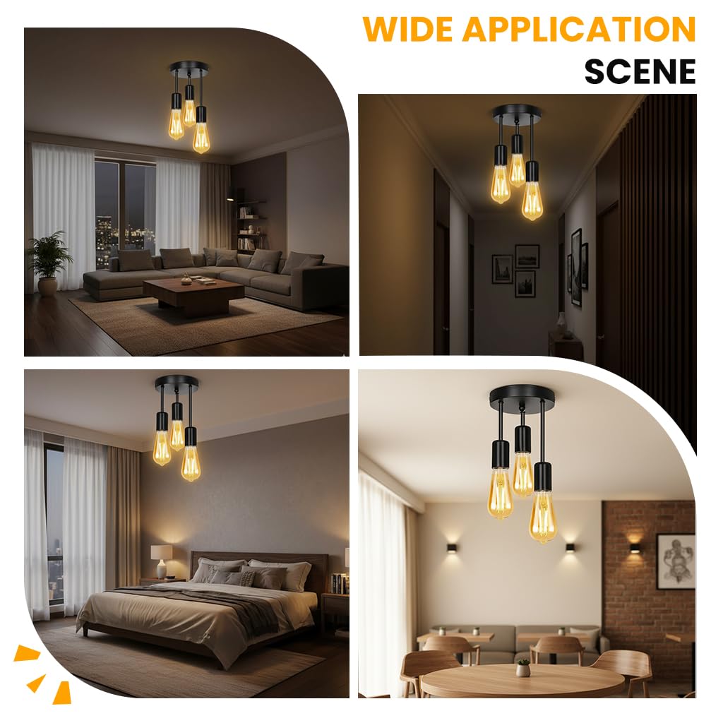 ELEPHANTBOAT Vintage 3-Light Chandelier for Apartment and Bathroom with E27 Bulb Compatibility | Black Iron Ceiling Light Fixture