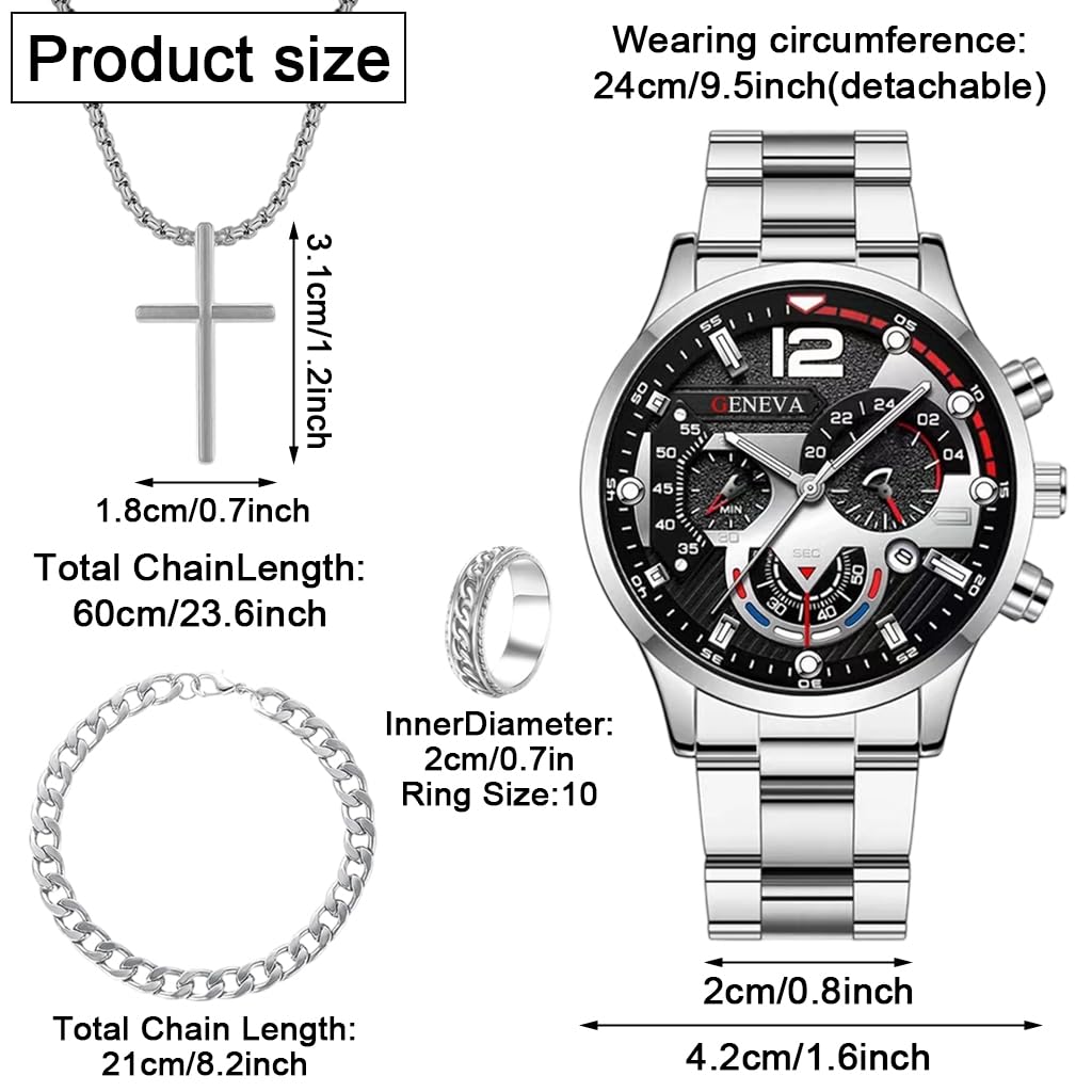 Proberos Watch Bracelet Set for Men with Cross Pendant and Cuban Chain | Alloy Steel Jewelry
