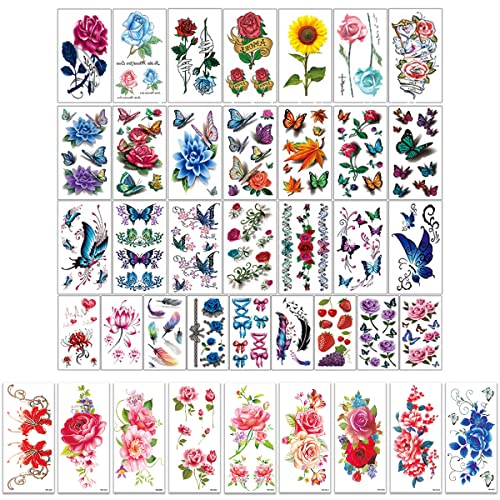 MAYCREATE® 40 Sheets Color Tatto Sticker Flowers Temporary Tattoos Stickers Roses Butterflies Tatto Stickers Assorted Tatto Sticker for Body Art Tattoos Art Waterproof Temporary Tattoos Stickers