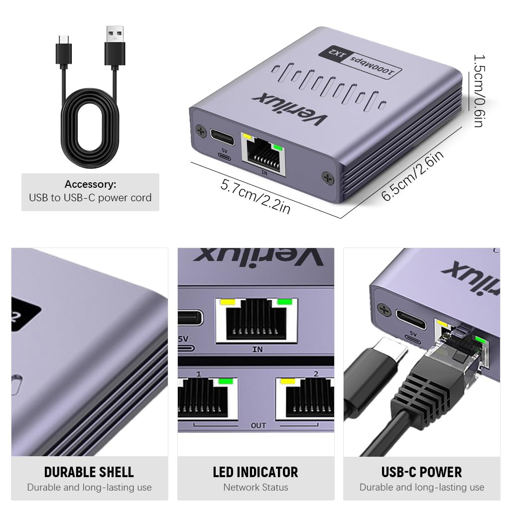 Verilux Gigabit Ethernet Splitter for Dual Device Connectivity with USB C Power | 1000Mbps 3 PCS