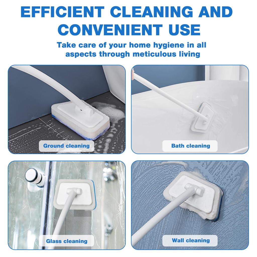 HASTHIP Bathtub Scrub Brush for Kitchen and Bathroom with 22 in Handle & 3 Refills | Trapezoidal Sponge Design