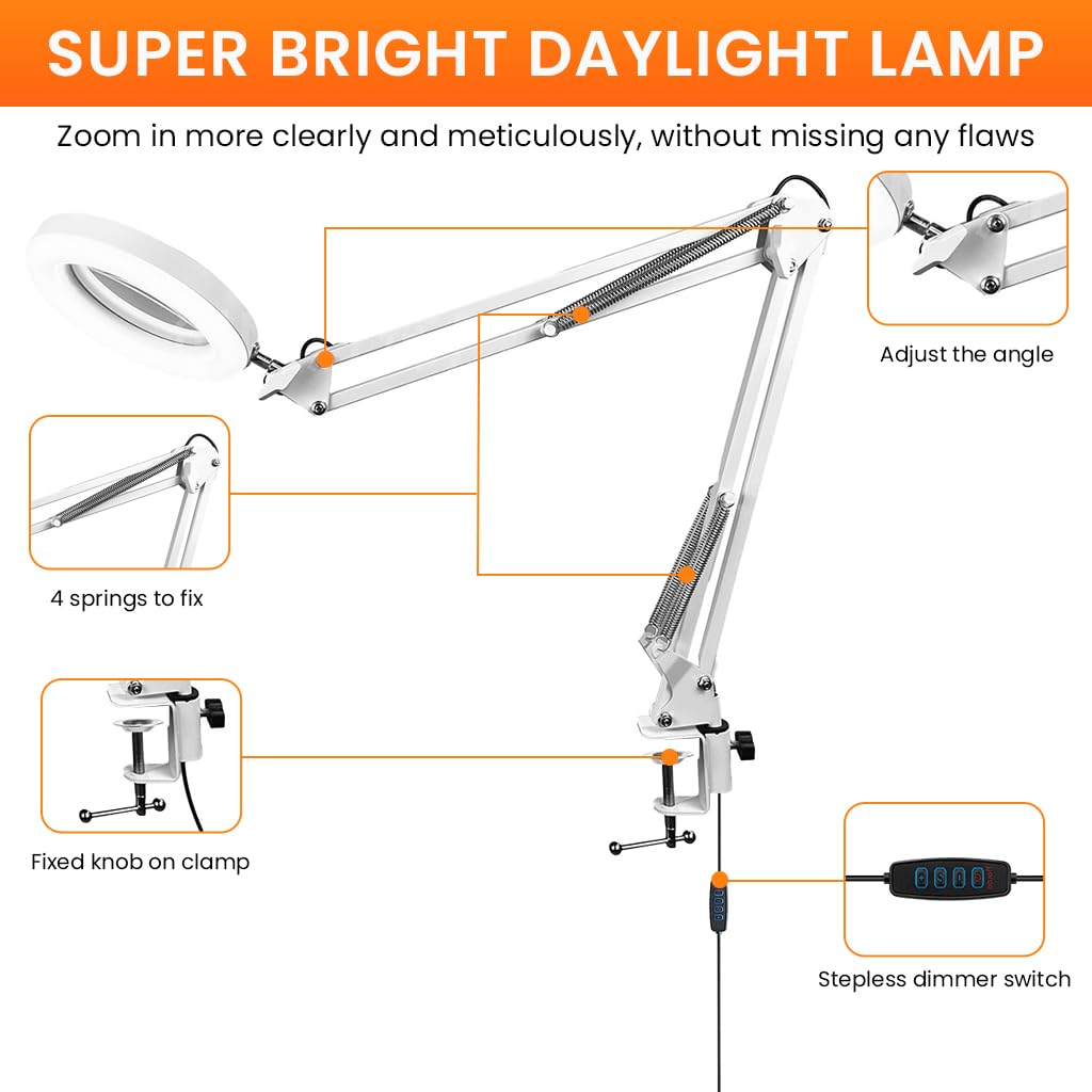 HASTHIP Desk Magnifying Glass for Crafting and Electronics Repair with 5X Lens featuring USB LED Light and Flexible Metal Arm | Screw Fix Mount