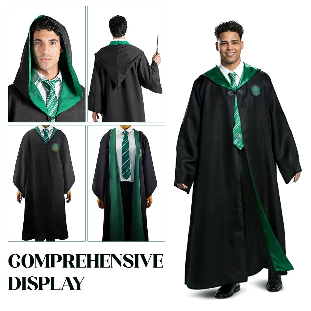 PATPAT® Ha*ry Potter Costume Cloak Cosplay Har*y Potter Robe for Women Men, House of Slytherin Costume Set with Tie, Wand & Round Glasses, Magic Wizards Halloween Costume for Teens Adults (Size M)