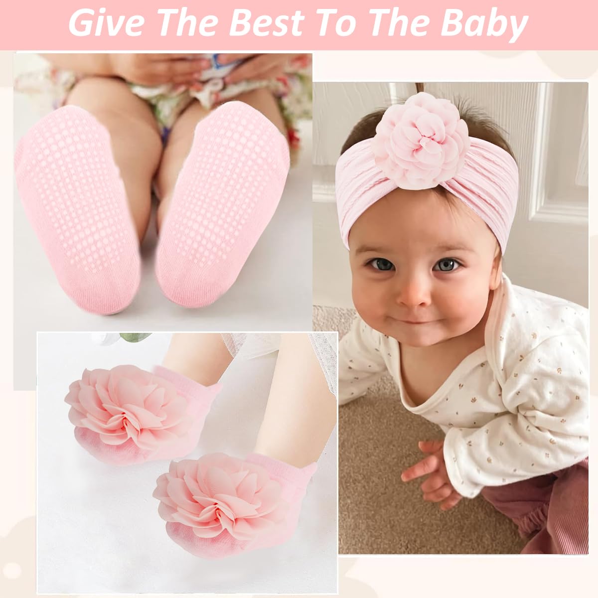 SNOWIE SOFT Chiffon Flower Hair Bands Set for Baby Girls with Pink Nylon Socks | Ideal Baby Shower Gift