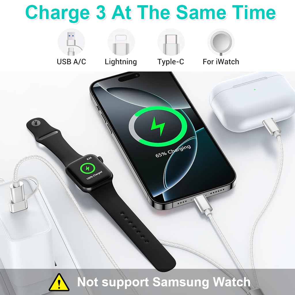 ZORBES 3 in 2 USB C Cable for Apple Watch and iPhone with Magnetic Charger 4.9ft | Nylon Braid