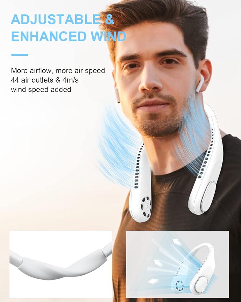 HASTHIP® Portable Neck Fan Bladeless, 4000mAh Hands-Free USB Rechargeable Fan with 3 Speeds Change & 360° Twist, Lightweight Silicone Neck Cooling Fan for Travel, Walking, Commuting, Indoor Use, White