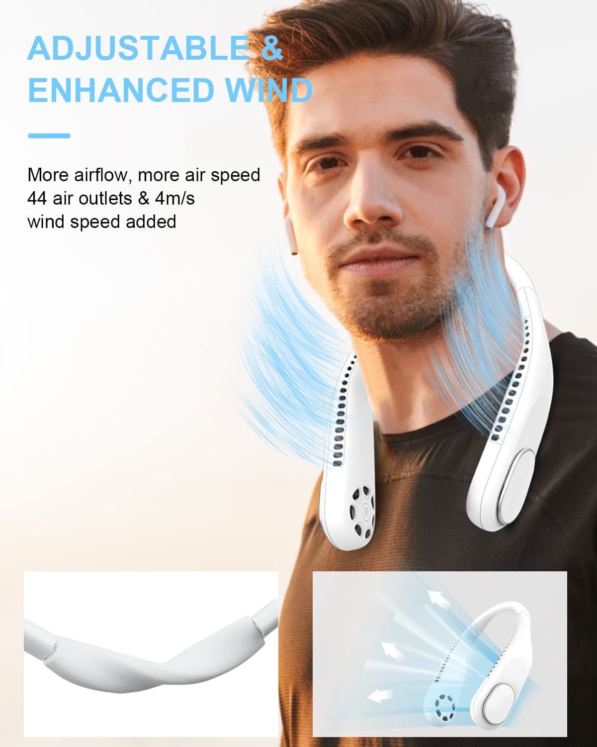 HASTHIP® Portable Neck Fan Bladeless, 4000mAh Hands-Free USB Rechargeable Fan with 3 Speeds Change & 360° Twist, Lightweight Silicone Neck Cooling Fan for Travel, Walking, Commuting, Indoor Use, White