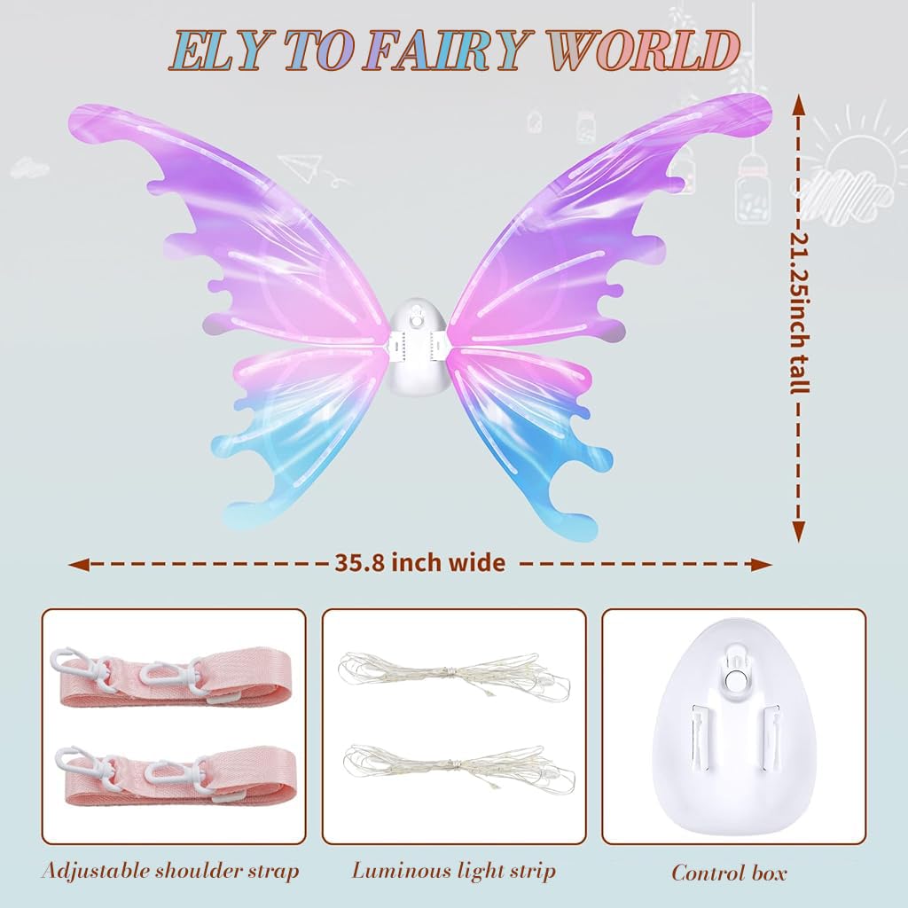 PATPAT Electric Butterfly Wings for Girls with LED Lights and Music featuring 21.5x35.8 in Organza | Ideal for Halloween and Birthday Parties