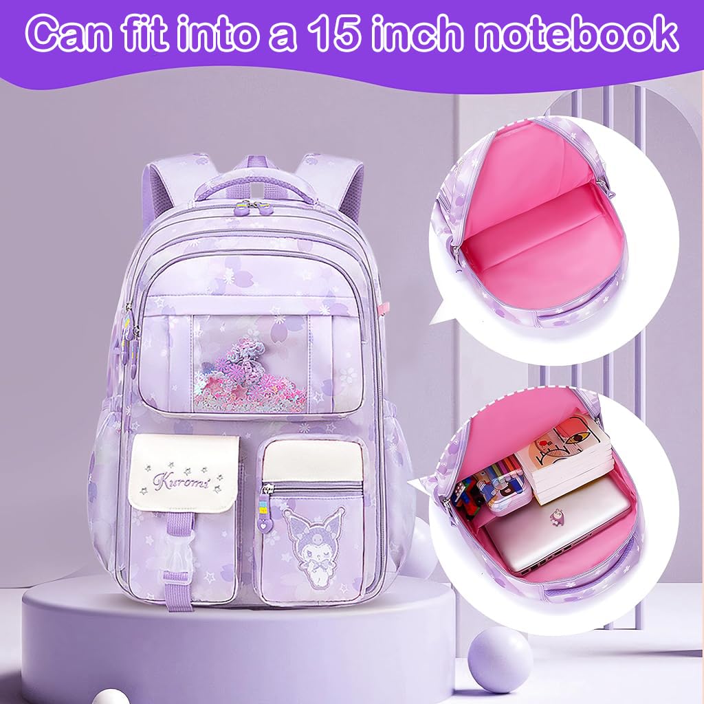 PALAY Kuromi Backpack for School Girls Sanrio Kuromi School Backpack Multi Layer Large Book Bag Burden Relief Travel Backpack School Backpack for 8-16 Years Olds School Girls Teens, 45x31x19cm