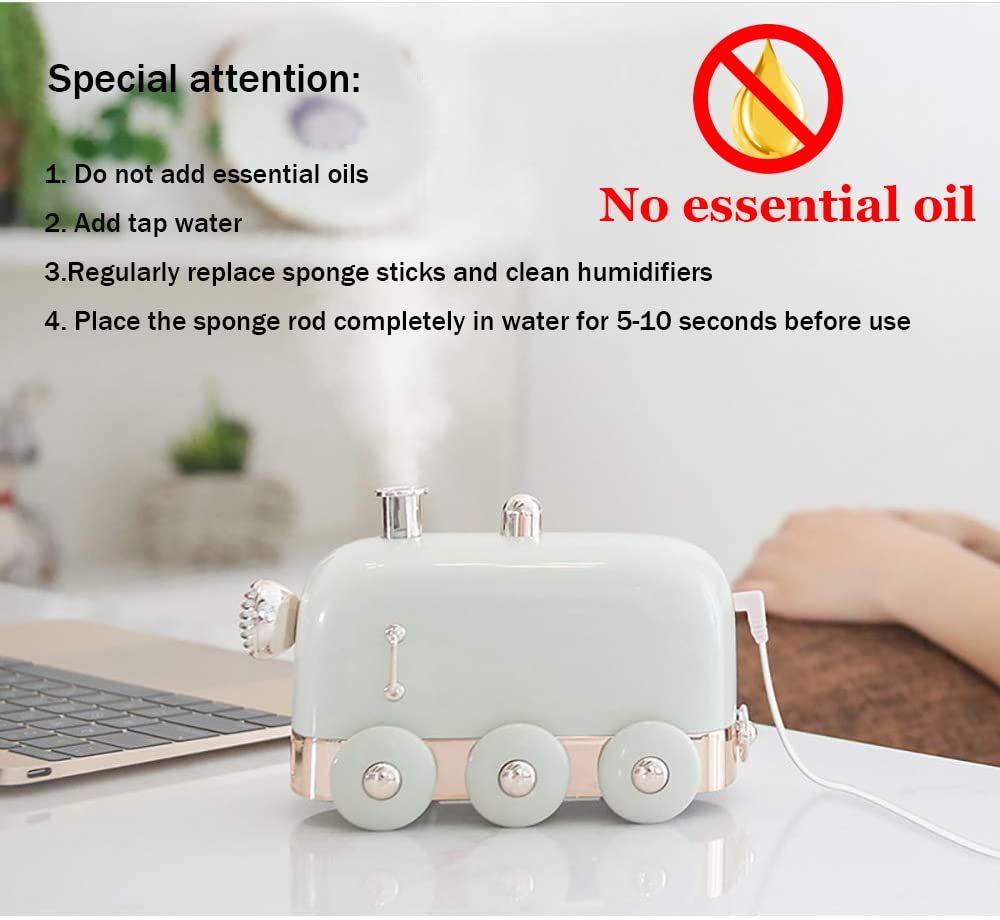 HANNEA® Humidifier for Room Mini Train Portable Mini 300ml Quiet Aroma Diffuser with USB Charge Cool Mist Air Humidifiers Auto Shut Off and Colored Lights for Desktop/Office/Bedroom/Car