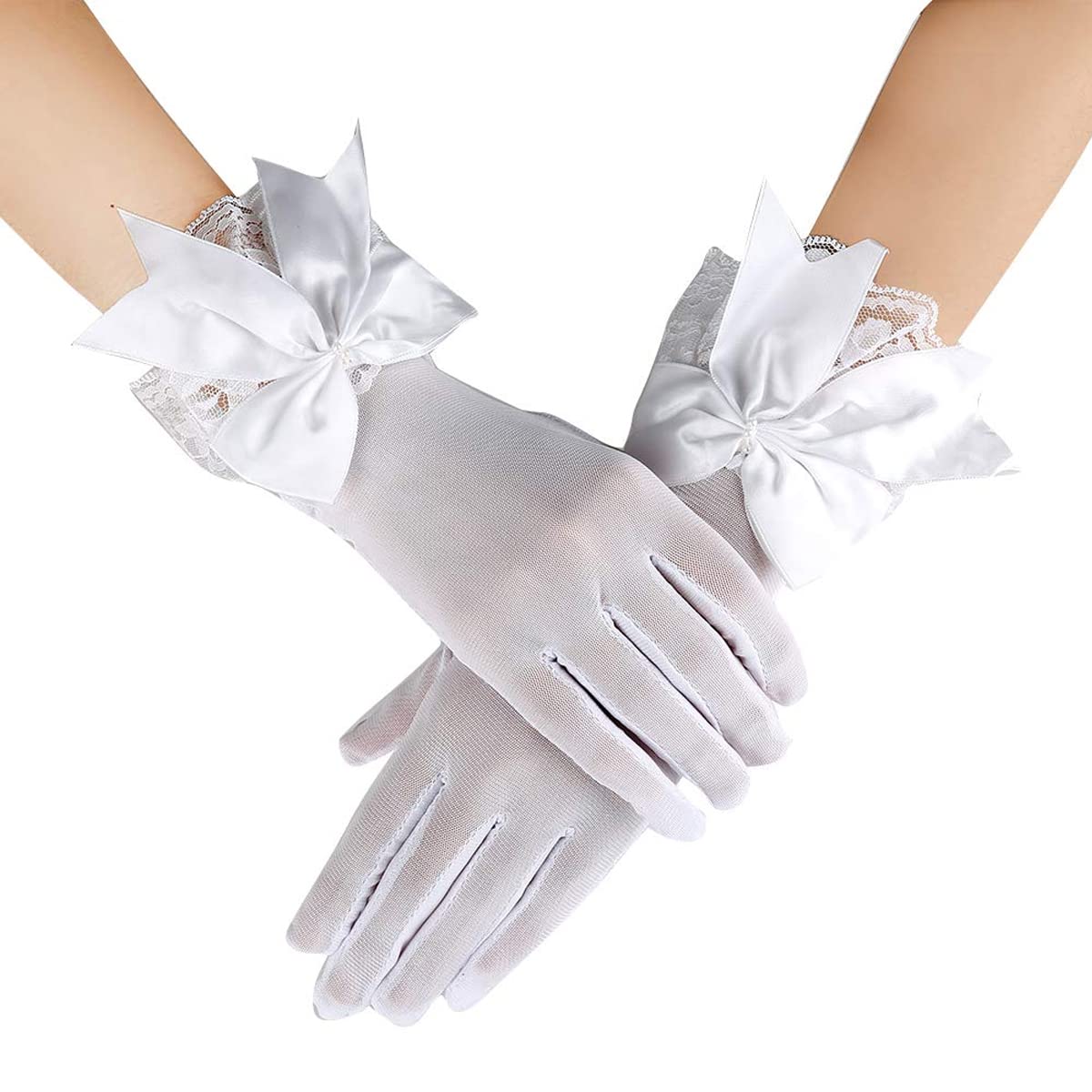 PALAY Lace Gloves for Women Girls, Butterfly Bow White Gloves for Wedding, Elegant Bridal Gloves Short Mittens for Party Formal Banquet Photography(1 Pair)