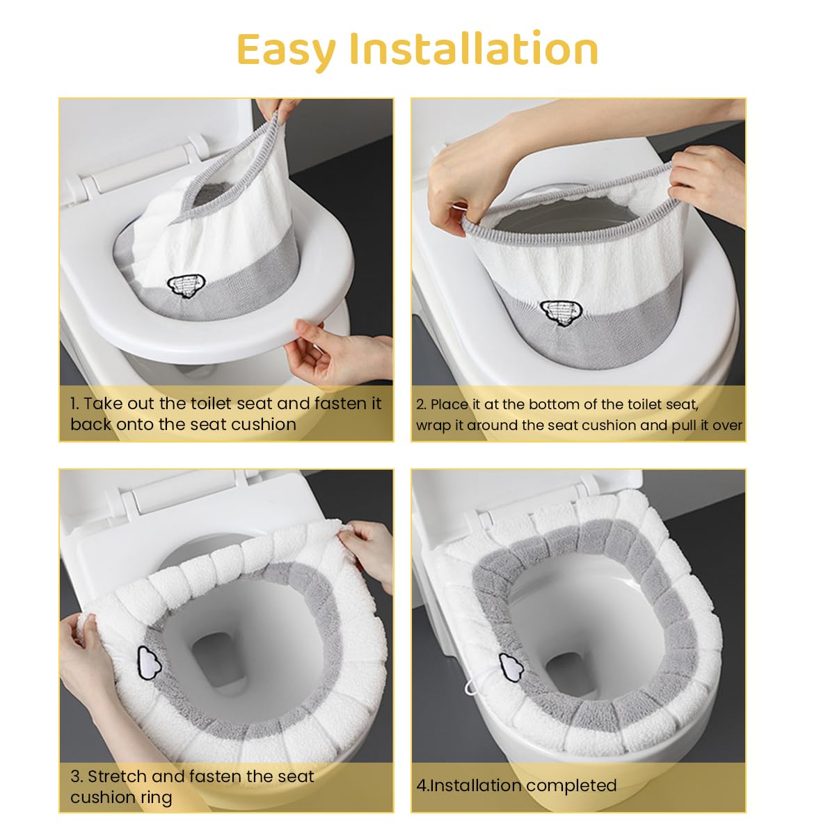 HASTHIP Soft Plush Winter Toilet Seat Cover with Elastic Edge and Loop in Grey and White | Acrylic Fiber Bathroom Seat Warmer for Comfort