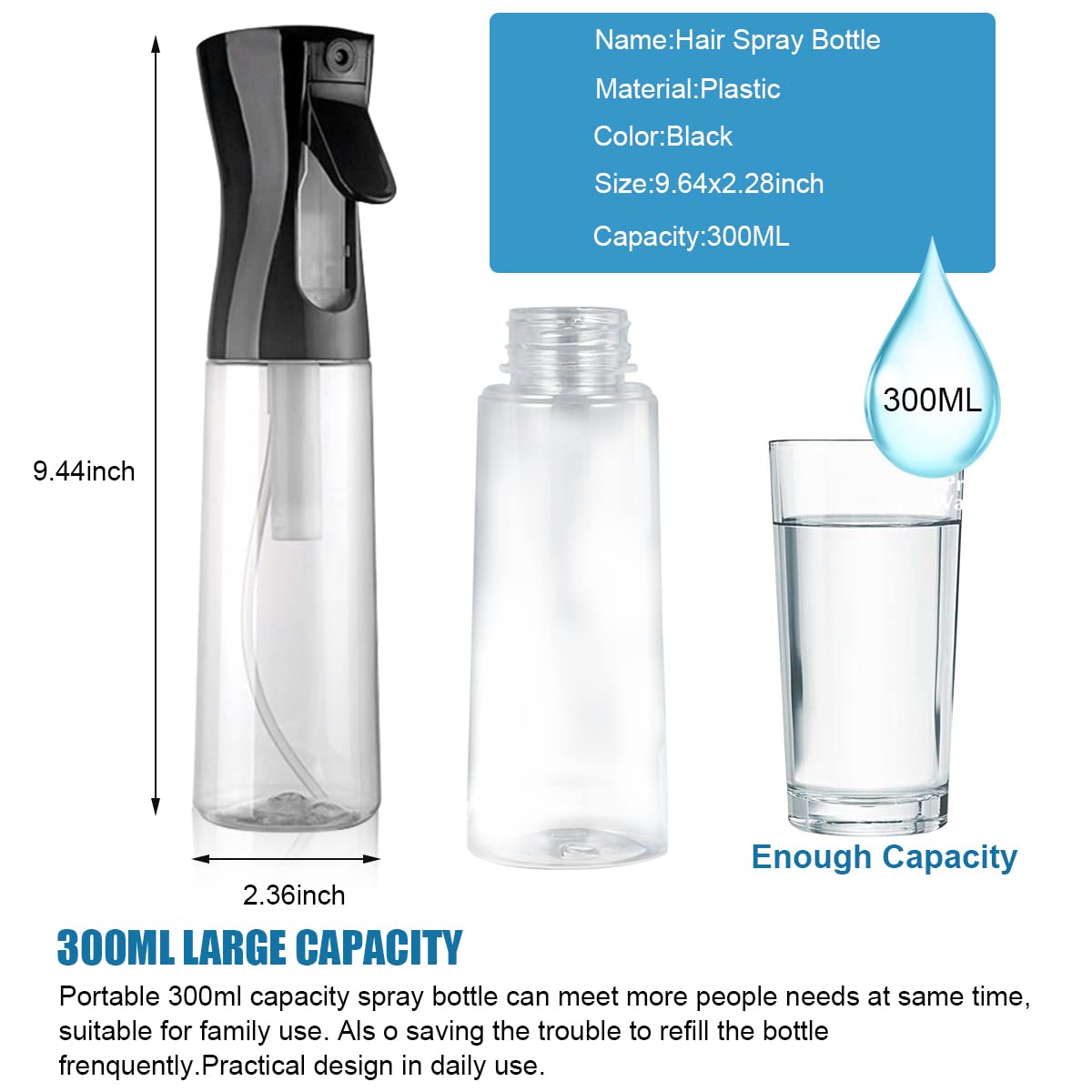 ZIBUYU Spray Bottle for Hair and Skin with 300ml Capacity featuring Pressurized Nozzle | Clear PET Refillable Design