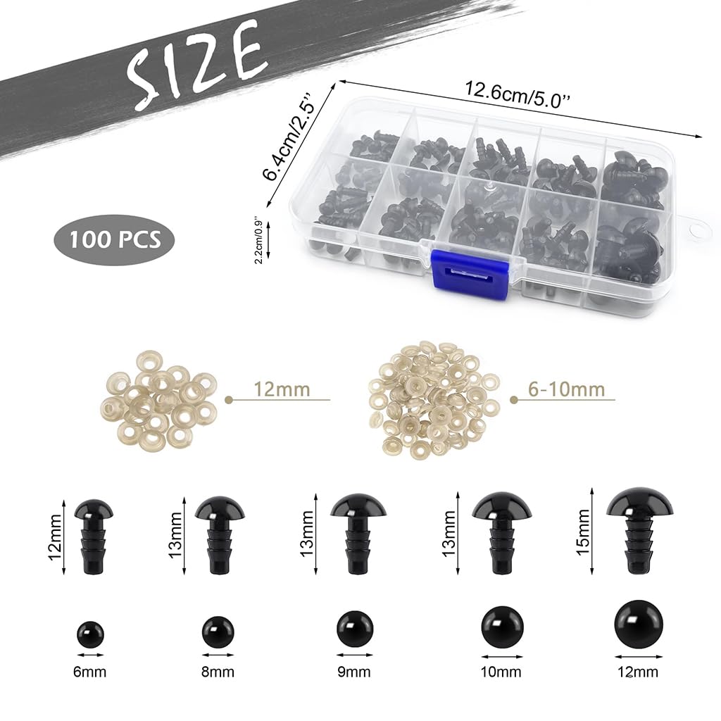 ZIBUYU Safety Eyes for Crochet and Plush Toys 100 pcs 6mm–12mm with Lock Washers | Black Plastic Set in Storage Box