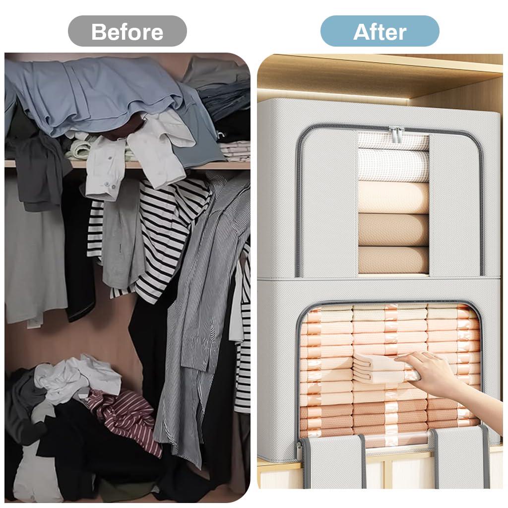Supvox Wardrobe Organizer for Clothes with Dual Zipper Door and Clear Window 66L Oxford Cloth | Foldable Stackable Storage Box 2PCS