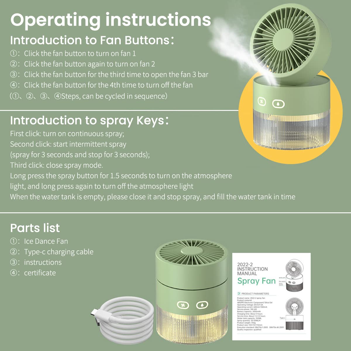 ZORBES 3 in 1 USB Rechargeable Fan for Home and Office with 350ml Water Tank | Portable Mist Fan and LED Night Light