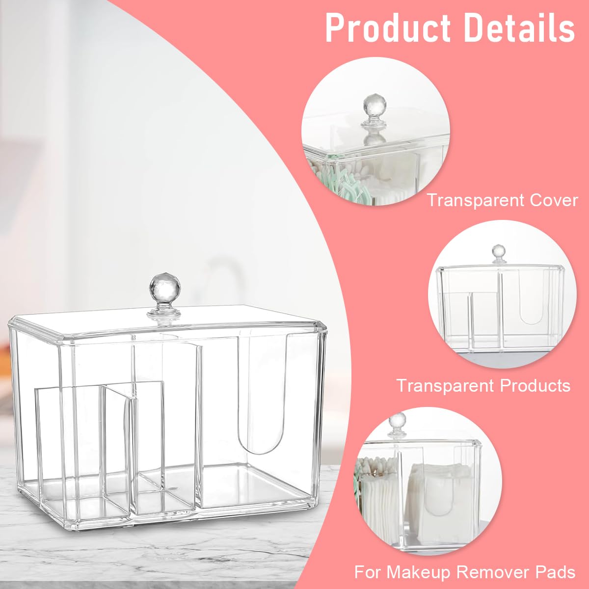 Zibuyu Transparent Acrylic Cotton Swab Organizer for Makeup Storage 15x10.7x10cm with 4 Sections and Crystal Ball Lid