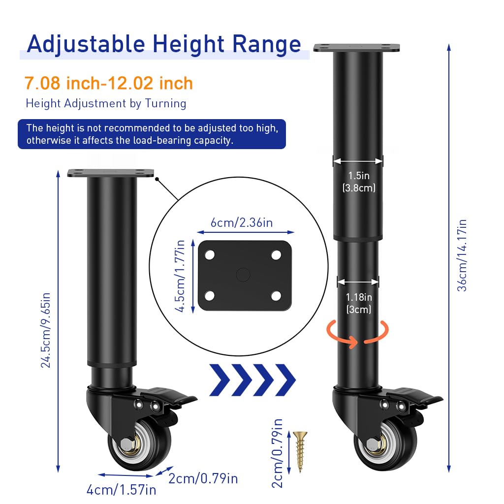 HASTHIP® 4Pcs Furniture Legs 7-12 inch Metal Adjustable Furniture Legs with 360 ° Swivel Caster Wheels, 400KG Heavy Duty Metal Furniture Support Legs Bed Frame Support Legs for Cabinet/Sofa/Bed/Table