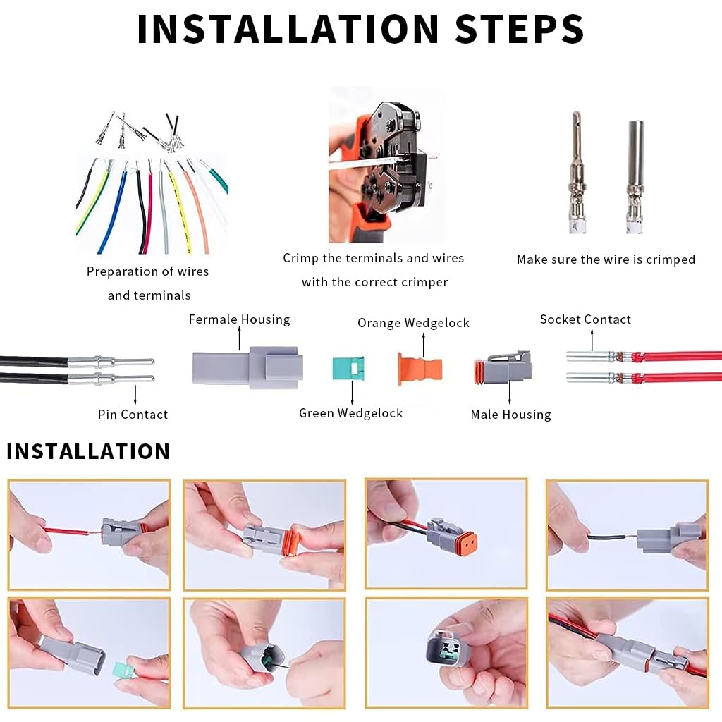 STHIRA® Gray Waterproof 2 Pin Connector DT04-2P DT06-2S with Solid Contacts & Sealing Plugs - 3 Sets for Car, Truck, Motorcycle, Boat Use - 14-20 AWG Wire Size