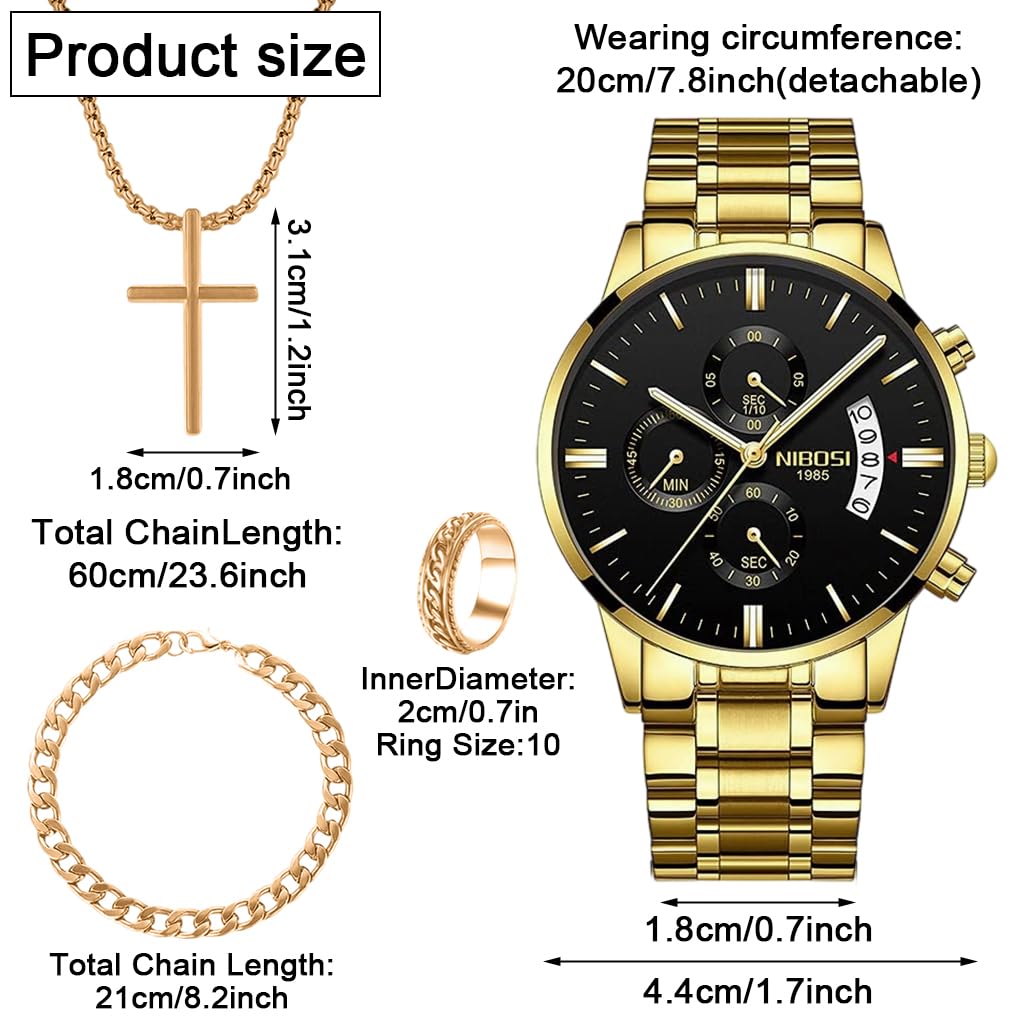PROBEROS Watch for Man 4Pcs Jewellery Set with Gold Necklace Bracelet Ring & Gift Box | Stainless Steel Accessories for Men