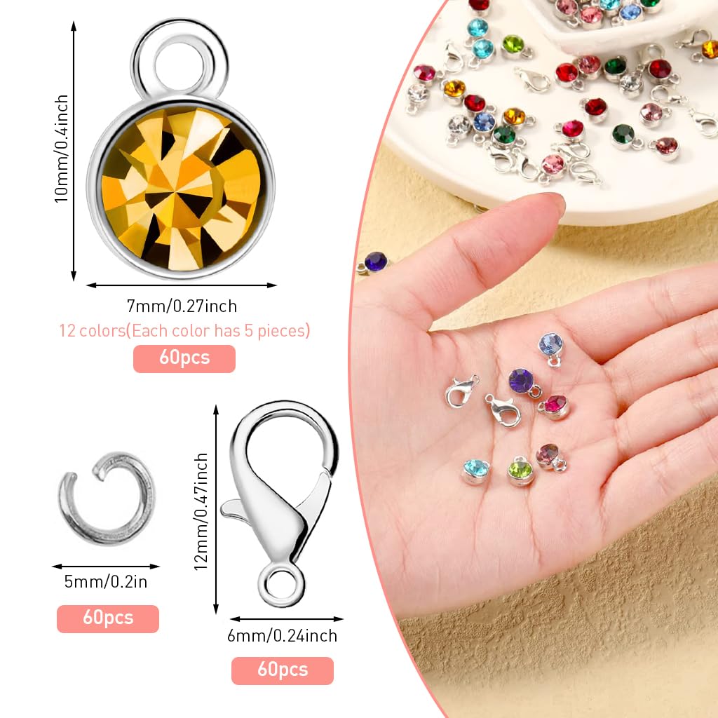 PALAY Charms for Bracelet Making with 180 Pcs Glass Birthstone Pendants and Alloy Buckles | 12 Colors for DIY Jewelry