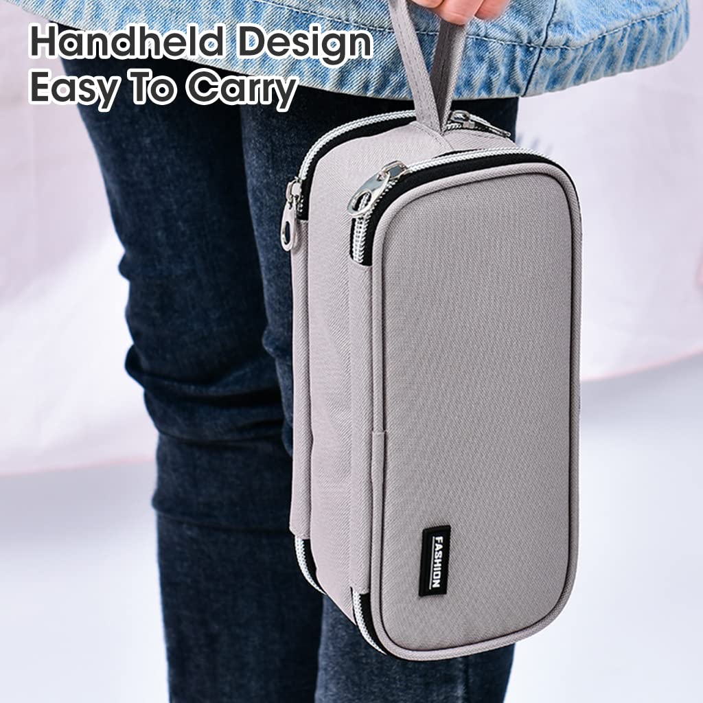 HASTHIP Large Capacity Pencil Case for Students with 3 Layer Storage and 3 Zippers | Grey Canvas