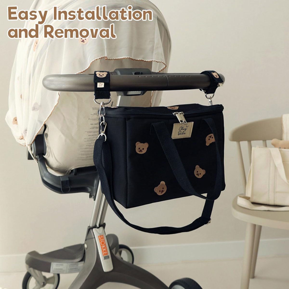 SNOWIE SOFT stroller hooks for hanging bags featuring metal carabiner and cotton straps | adjustable bear design 2 pack