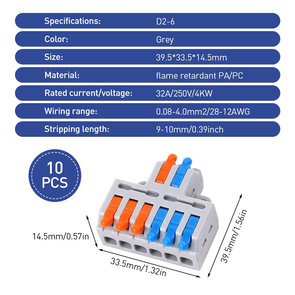 Serplex® 10Pcs Lever-Nut Wire Connectors, 2 In to 6 Out Conductor Compact Electrical Connectors, Quick Wiring Cable Connectors Push-in Conductor Terminal Blocks, Flame Retardant PA/PC