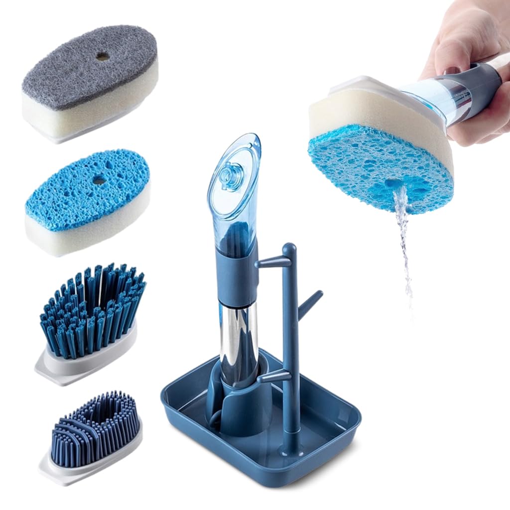 Serplex® 4 in 1 Dish Washing Scrubbers with Tray Holder Multipurpose Dish Cleaning Brush with Cleanser Dispensing Dish Cleaning Brush Non-Scratch Kitchen Cooker Cleaning Scrubbers for Pan, Pot, Sink