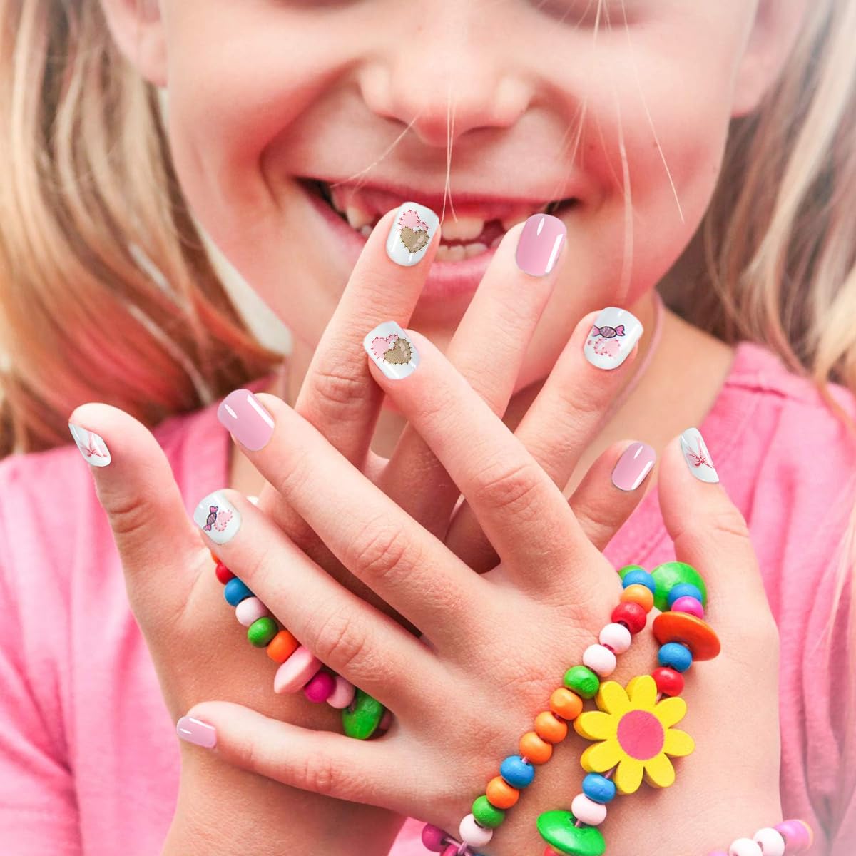 MAYCREATE Kids Press on Nails with Pre Glue Full Cover ABS Tips for Girls | 24pcs Cute Gift Set