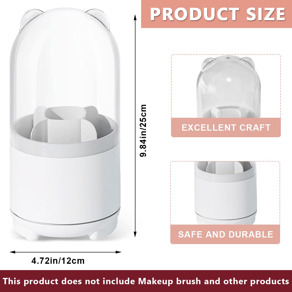 MAYCREATE Makeup Brush Holder Organizer for Vanity with 5 Compartments and 360° Rotating Clear Lid | Dustproof Plastic Storage Stand