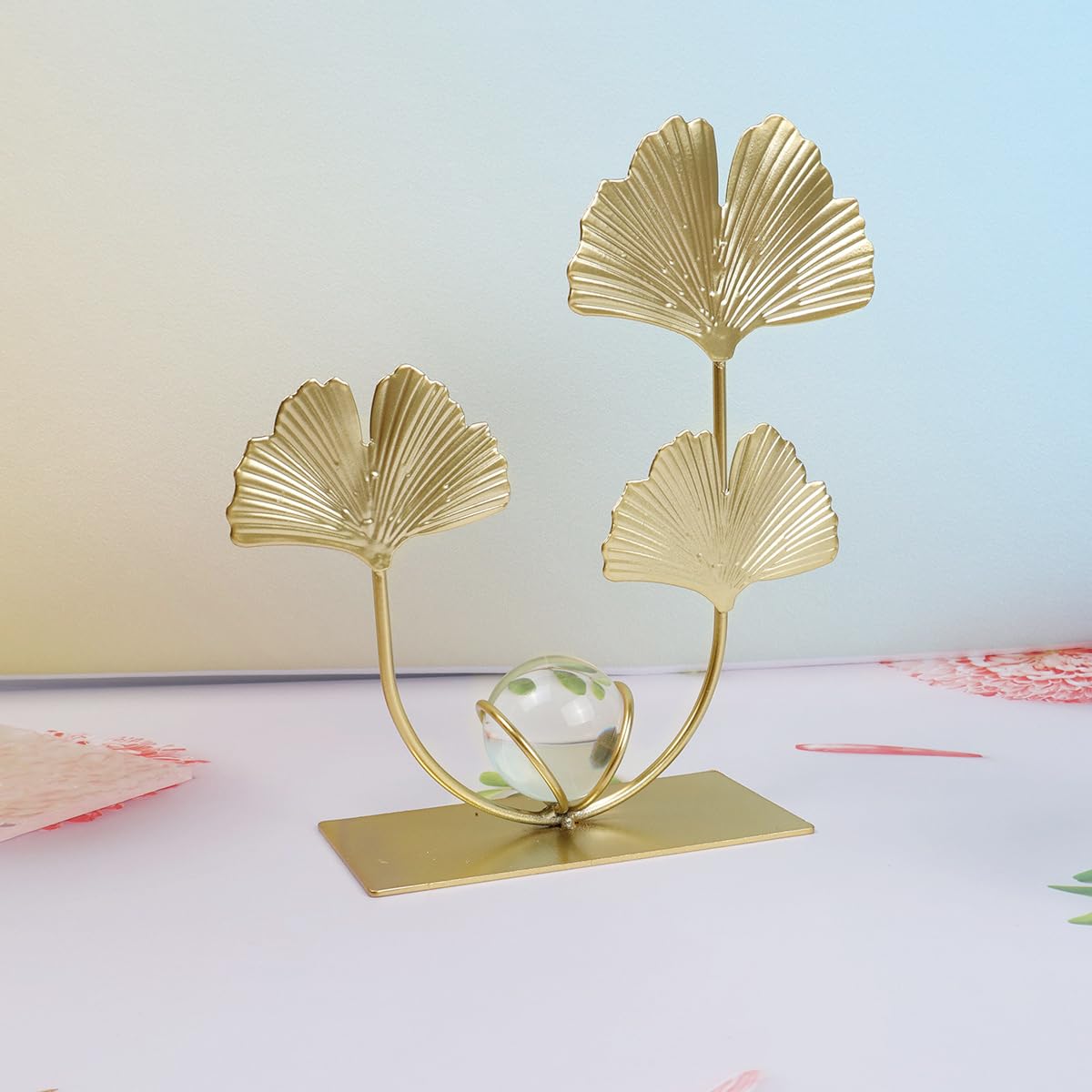 HASTHIP Golden Ginkgo Leaf Desk Decoration with Crystal Ball Centerpiece 12x6x18cm | Elegant Wrought Iron Home and Office Ornament