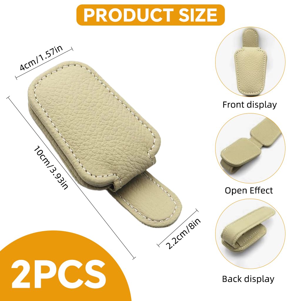 Zibuyu Car Visor Sunglasses Holders 2 Pack with Magnetic Closure and Beige Leather | 9.5x5x3.5cm Clips for Sunglasses and Cards