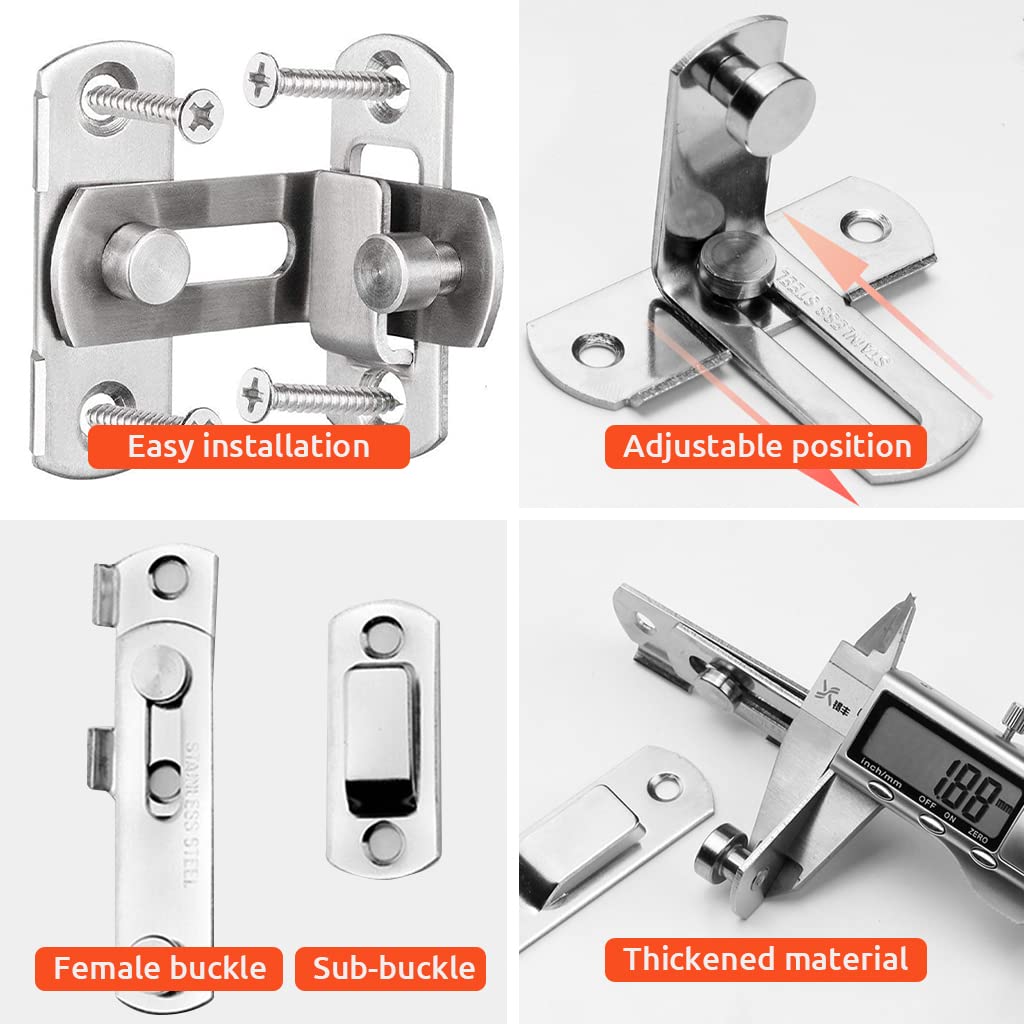 HASTHIP® 2 Pcs Cupboard Lock Stainless Steel 90° Door Buckle Bolt Barn Door Lock Right Angle Latches Bar Latch Safety Door Lock for Door, Fence, Cabinet, Chicken Coop, 2.4 inch