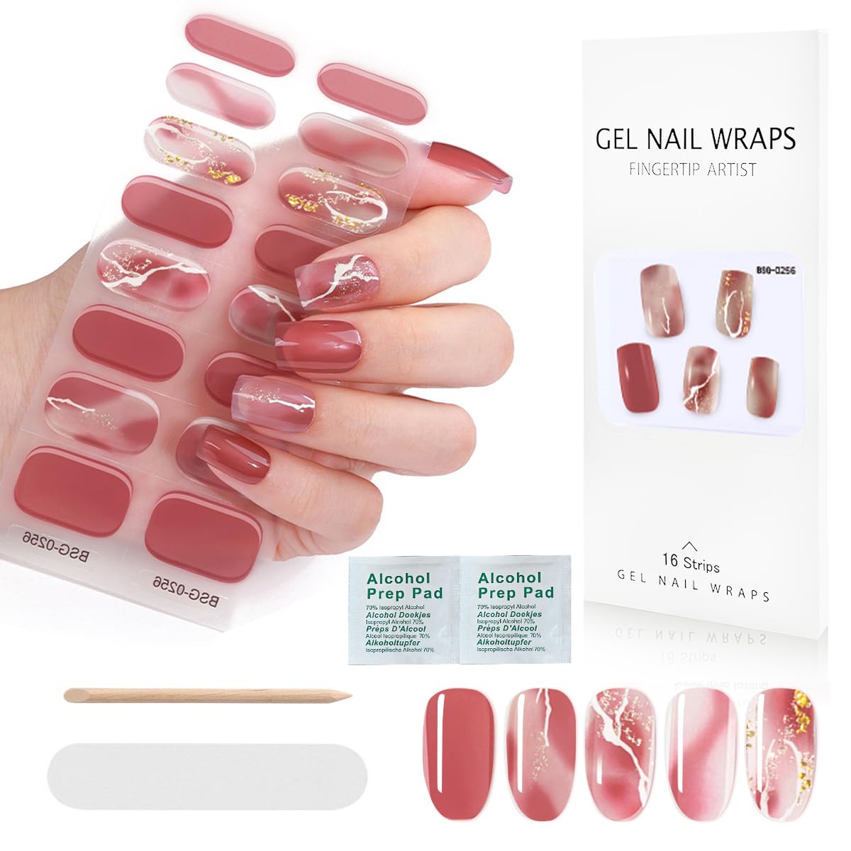 MAYCREATE® 16PCS Gel Nail Strips, French Gel Nail Stickers, UV Free, Long Lasting Nail Wraps for Women, French Tip Nail Polsih Stickers, Includes Nail File & Wooden Stick, Style A