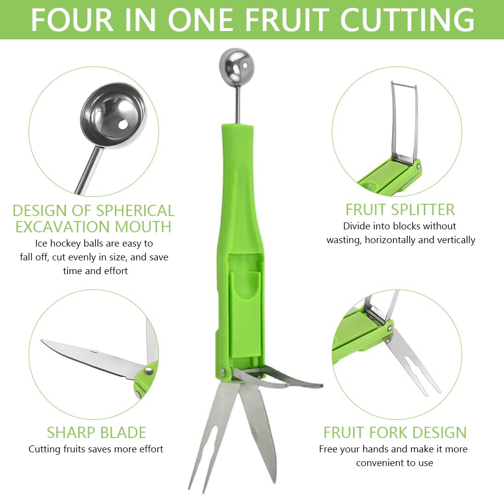 Supvox® Melon Baller Fruit Ball Spoon 4 in 1 Melon Scoop Fruit Scooper Tool with Folding Cutter & Fruit Fork Melon Scoop Tool for Cantaloupe, Dragon Fruit, Watermelon, Avocado