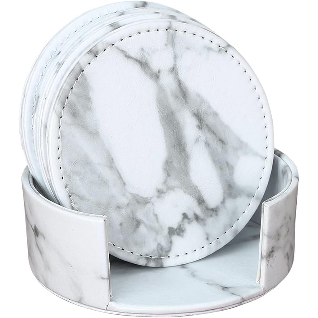 HASTHIP Leather Coasters for Drinks with Holder featuring Non Slip Cork Base | 6Pcs 3.9 in Marble Design