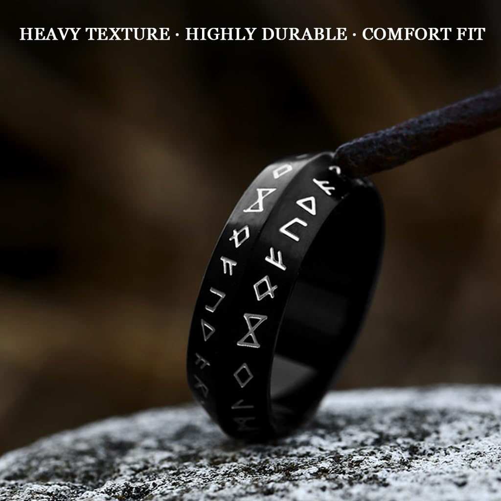 GUSTAVE Ring for Men with Nordic Rune Engravings in Black Titanium Steel | Norse Jewelry Gift